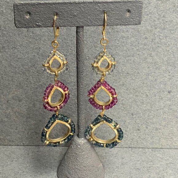 Long Teardrop Drop Earrings 3.5 In Gold Pink Blue Seed Beads Dangle Retro Glam - Picture 1 of 3